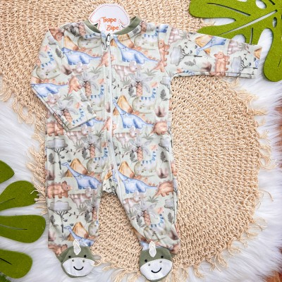 Macacão de Malha com Abertura em Zíper Dinossauros Coloridos- Verde